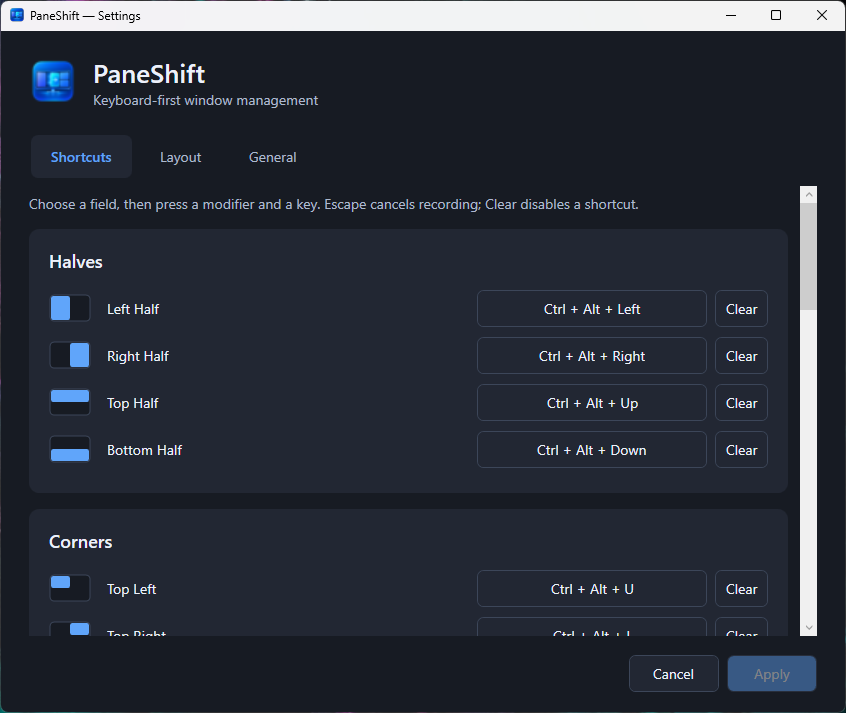 PaneShift Shortcuts settings with customizable window placement shortcuts